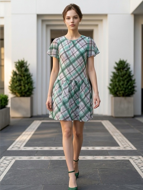 Ann Taylor Dresses & Skirts - Ann Taylor Plaid Flutter Sleeve Drop Waist Dress Size 2 Green Pink Sheer